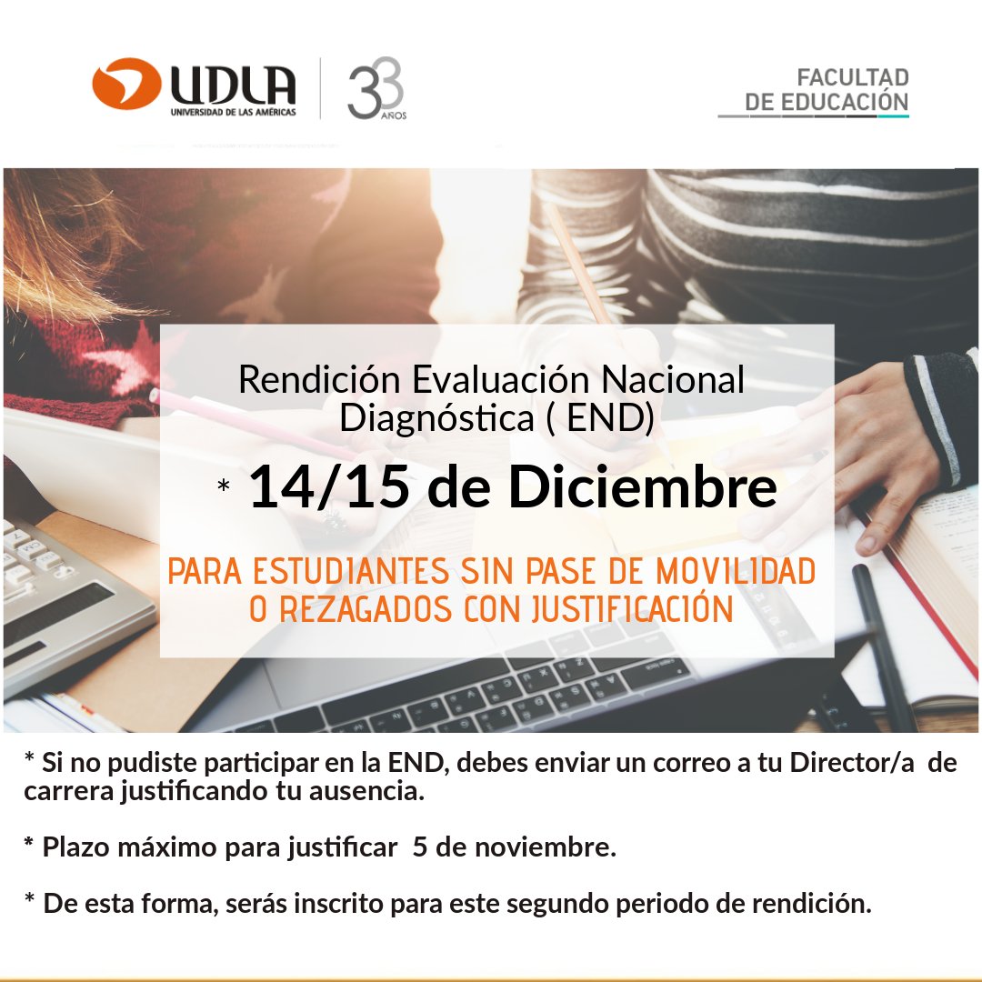Si faltas a la END por no contar con pase de movilidad o por otra circunstancia, deberás:
Enviar un correo a tu Director/a de carrera, justificando tu inasistencia, el mismo día de la falta o a más tardar el 5 de noviembre.
Con esta información podrás rendir el 14/ 15 de dic.