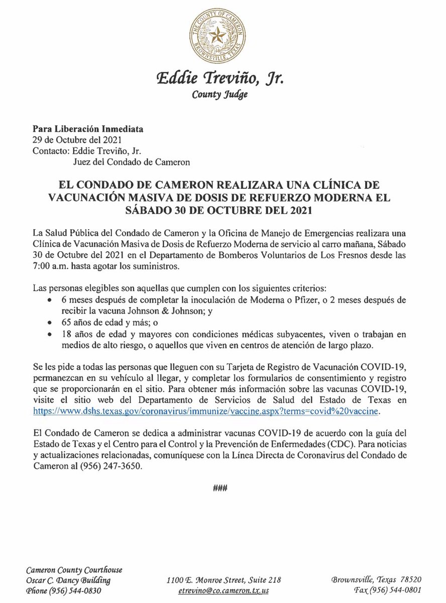 Mass drive-thru Moderna booster clinic TOMORROW, Saturday, October 30 2021. Open to those 65+ and 18+ with underlying medical conditions or who live/work in high risk settings.