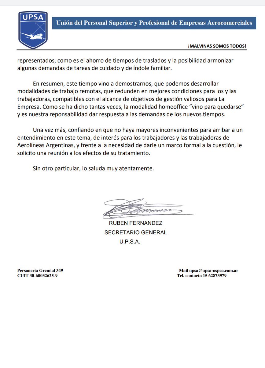 UPSA_Oficial's tweet photo. Importante! Nuestro Sec Gral Rubén Fernández solicito una reunión con autoridades d ARSA para darle marco al trabajo a distancia q demostró ser exitoso desde el inicio del confinamiento con resultados q lo comprueban. Ver 👇 @CATT_Prensa @itfaviation @cgt_camioneros https://t.co/TNOFyfxHnE
