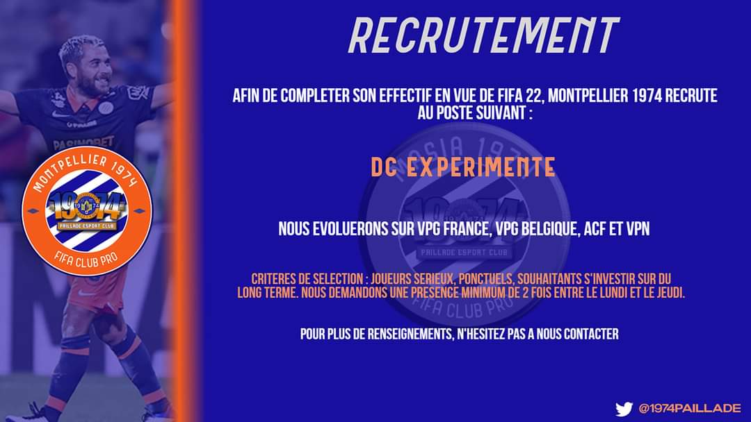 🚨 MONTPELLIER 1974 RECRUTE 🚨

<a href="/AgentDuCP/">Agent Du Club Pro</a> 
<a href="/LigueAcf/">ACF France 🇫🇷</a> 
<a href="/VPGFrance_/">VPG France</a> 
<a href="/FVPAeSport/">FVPA Esport</a> 
@VPNPS4Officiel