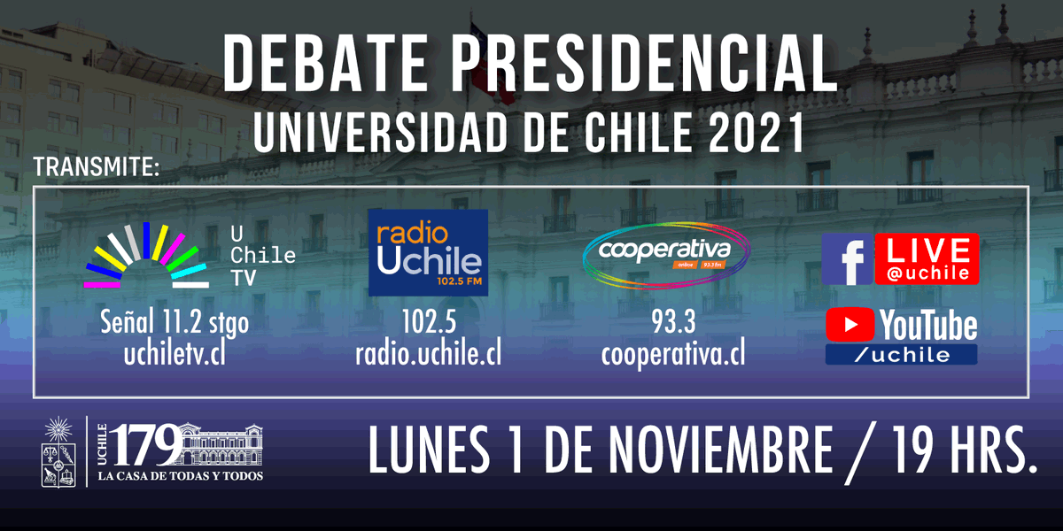 NMDesoc (@nucleodesoc) on Twitter photo Educación, cultura, desarrollo científico y más temas serán debatidos por la y los candidatos presidenciales en la <a href="/uchile/">Universidad de Chile</a>. LUNES 01/nov, 19:00hrs. EN VIVO por
@uchileTV, <a href="/uchileradio/">Diario-Radio UChile</a>, y @cooperativa.
Más info #debateUchile ➡️uchile.cl/agenda/181127/… Educación, cultura, desarrollo científico y más temas serán debatidos por la y los candidatos presidenciales en la <a href="/uchile/">Universidad de Chile</a>. LUNES 01/nov, 19:00hrs. EN VIVO por
@uchileTV, <a href="/uchileradio/">Diario-Radio UChile</a>, y @cooperativa.
Más info #debateUchile ➡️uchile.cl/agenda/181127/…