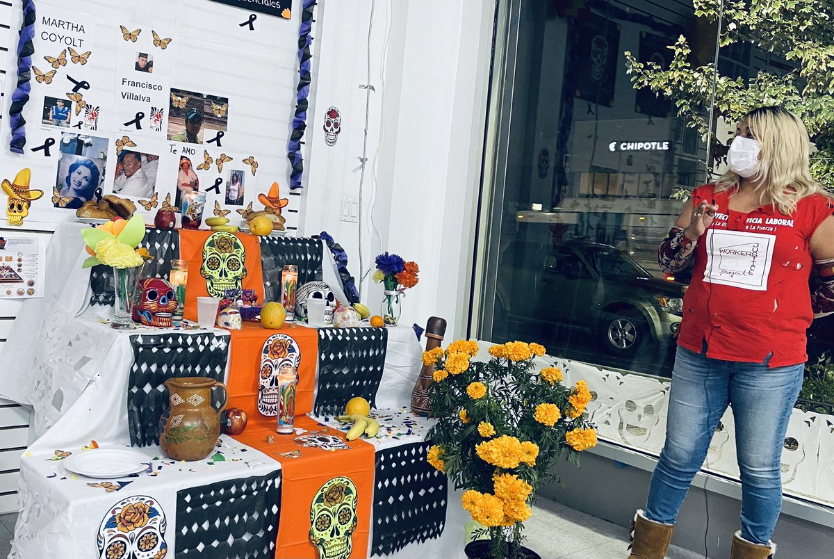 workersjusticep's tweet photo. #DayOfTheDead Altar at @workersjusticep is set for #Deliveristas #DayLaborers #DomesticWorkers to make their offering for November 1 & 2 to honor the our dead while recommit to “fight like hell for the living”! #WeAreEssential #DiaDeLosMuertos https://t.co/FVXsqcZS5p