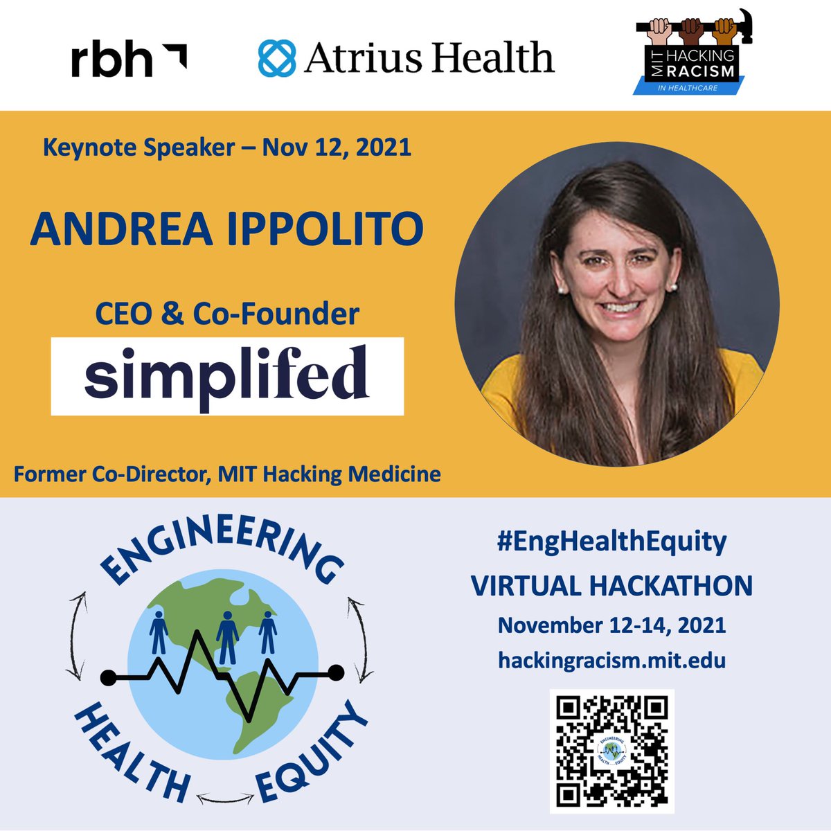 Excited that <a href="/andreakippolito/">Andrea Ippolito</a>, CEO &amp; Co-Founder <a href="/SimplifedB/">SimpliFed</a> past <a href="/mithackmed/">MIT Hacking Medicine</a> director, will speak at #EngHealthEquity #Hackathon by <a href="/MITHackRacism/">MIT Hacking Racism Challenge</a> <a href="/atriushealth/">Atrius Health</a> <a href="/RBHspeaks/">RacetoBetterHealth</a>
In building a startup to tackle infant nutrition for the underserved
#health #equity
hackingracism.mit.edu