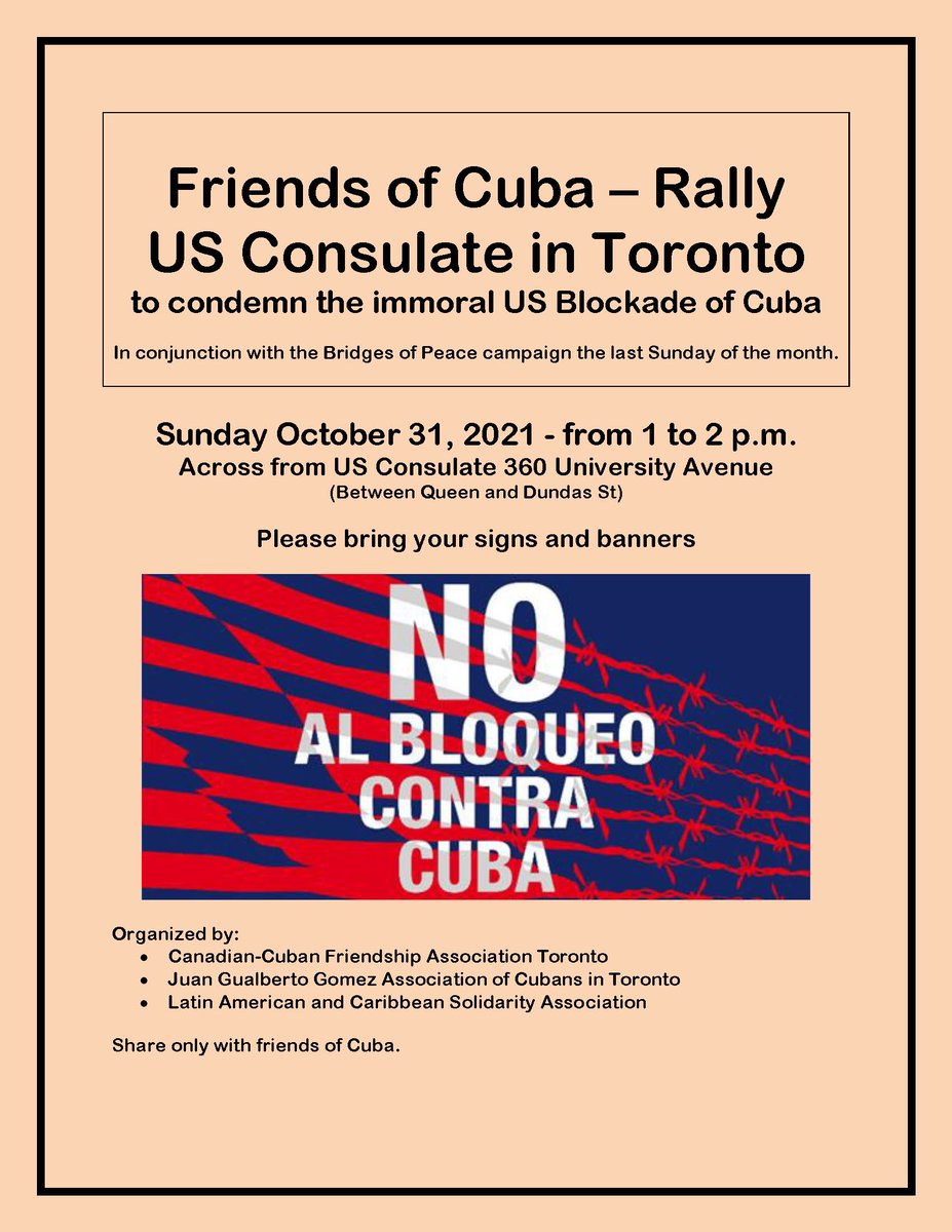 #Toronto Rally at US consulate to condemn immoral US blockade on #Cuba 🇨🇺 #UnblockCuba2021 #UnblockCuba #NoMasBloqueo #PuentesDeAmor #cdnpoli #onpoli #EliminaElBloqueo @cubamistad