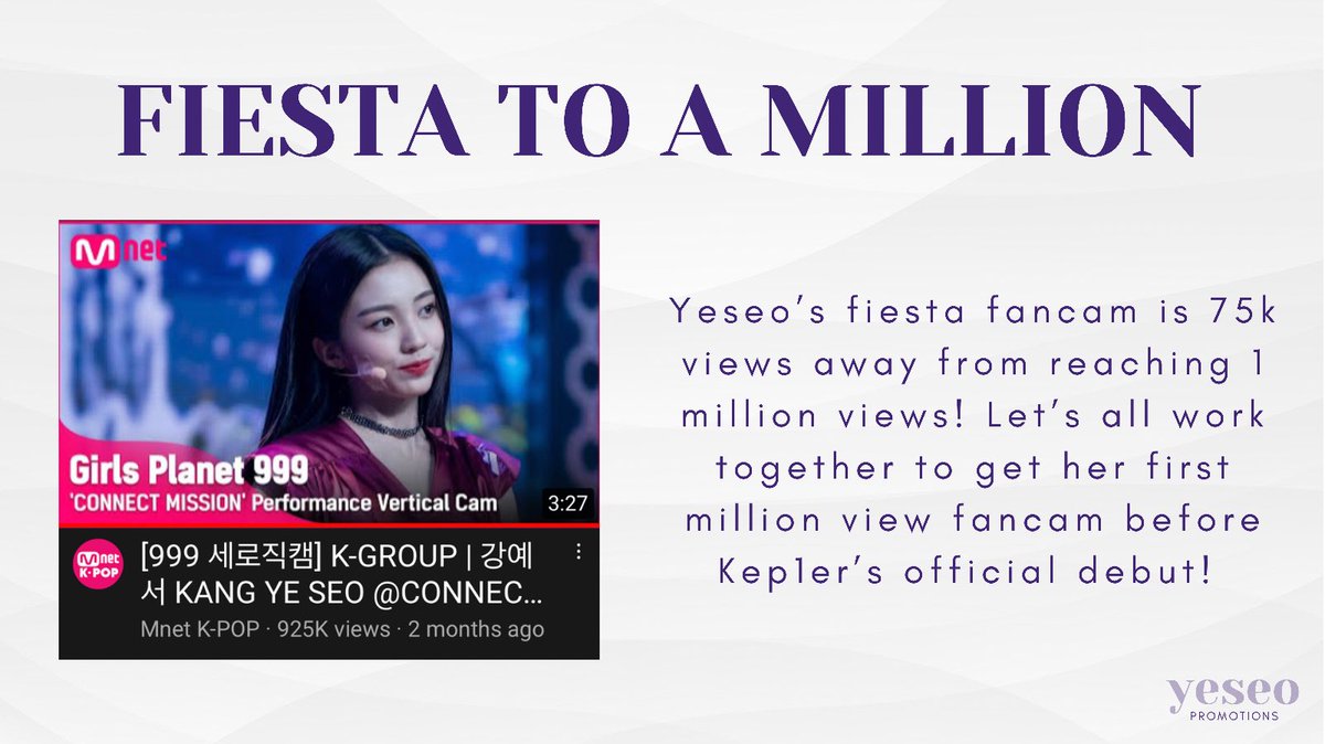 yeseopromotions's tweet photo. This is a YESEO-S!

Yeseo’s fiesta fancam is close to ONE MILLION views and we’re asking everyone’s help to get her first million view fancam before debut.

🔗: https://t.co/XYAf7eQKac

#강예서 #KANGYESEO #케플러 #KEP1ER 
@official_kep1er https://t.co/a9K2uZL0u2