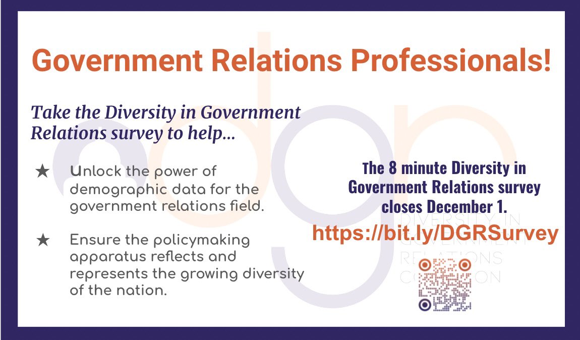 TheAlmondGroup's tweet photo. Local, state or federal policy influencers, we invite you to take the Diversity in Government Relations (DGR) Coalition’s 8-minute Diversity & Inclusion in Government Relations survey: https://t.co/k6d3f5lTPJ #GRDiversitySurvey #InclusivePolicymaking #DiversifyGovtRelations https://t.co/uhLeEVrWpk