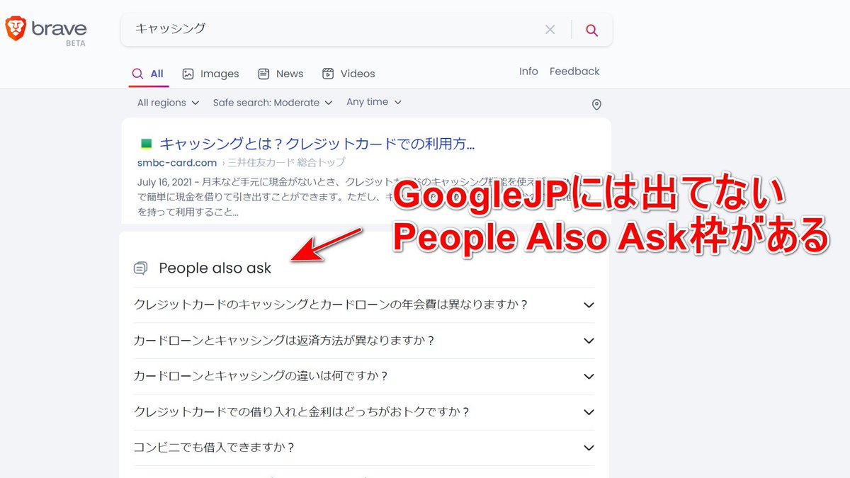 新しい検索エンジン「Brave Search」 ・ブラウザ「Brave」の独自検索エンジン ・独自のインデックスを構築 ・日本語の検索結果精度もかなり良い  ・質問文の枠(People Also Ask)も表示 ・クリックデータをランキング要素に利用 独自のサジェストも出るので、キーワード調査 ...
