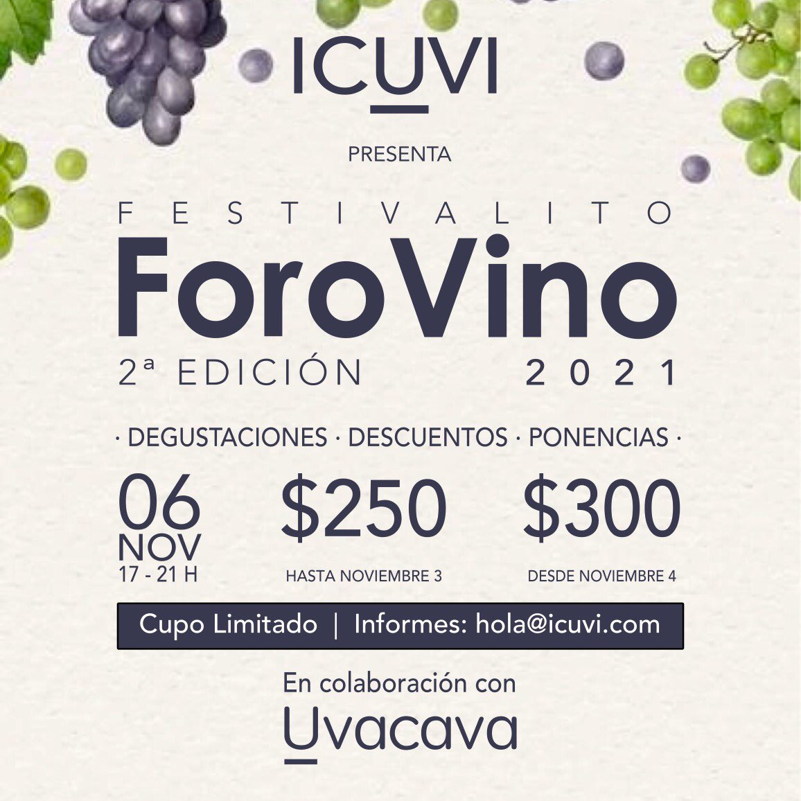 ICUVI's tweet photo. ¡Últimos lugares!
Te esperamos en la 2ª edición de nuestro festivalito @ForoVino.
Sé uno de los afortunados en asistir a nuestro evento exclusivo y degusta una selecta gama de vinos mexicanos.
→ https://t.co/MqP7CDv3V6 
#ICUVI #ColegioDelVino #Metepec #vino #Toluca https://t.co/pt4ePYzX2e