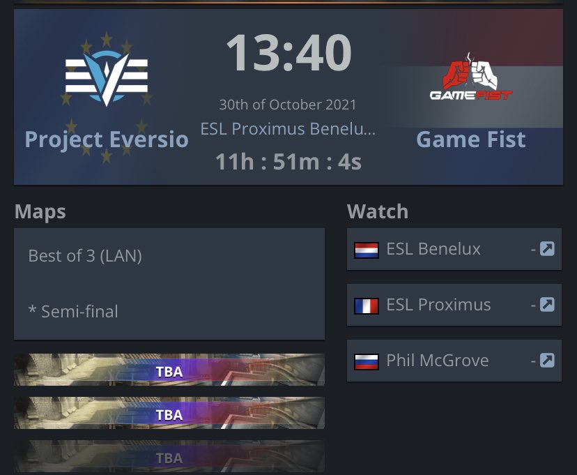 hawk π§πͺπ²π¦ (@2jhawk) on Twitter photo Excited by the news that tomorrow I am going to play my play first LAN in Brussels for the Finals phases of the <a href="/ESLBenelux/">ESL Benelux</a> with <a href="/project_eversio/">Project EVERSIO π²πΉ</a>.
See you tomorrow at 13:40 vs @GameFistEU for the Semi-final. Come cheer for us! πβ€οΈ Excited by the news that tomorrow I am going to play my play first LAN in Brussels for the Finals phases of the <a href="/ESLBenelux/">ESL Benelux</a> with <a href="/project_eversio/">Project EVERSIO π²πΉ</a>.
See you tomorrow at 13:40 vs @GameFistEU for the Semi-final. Come cheer for us! πβ€οΈ
