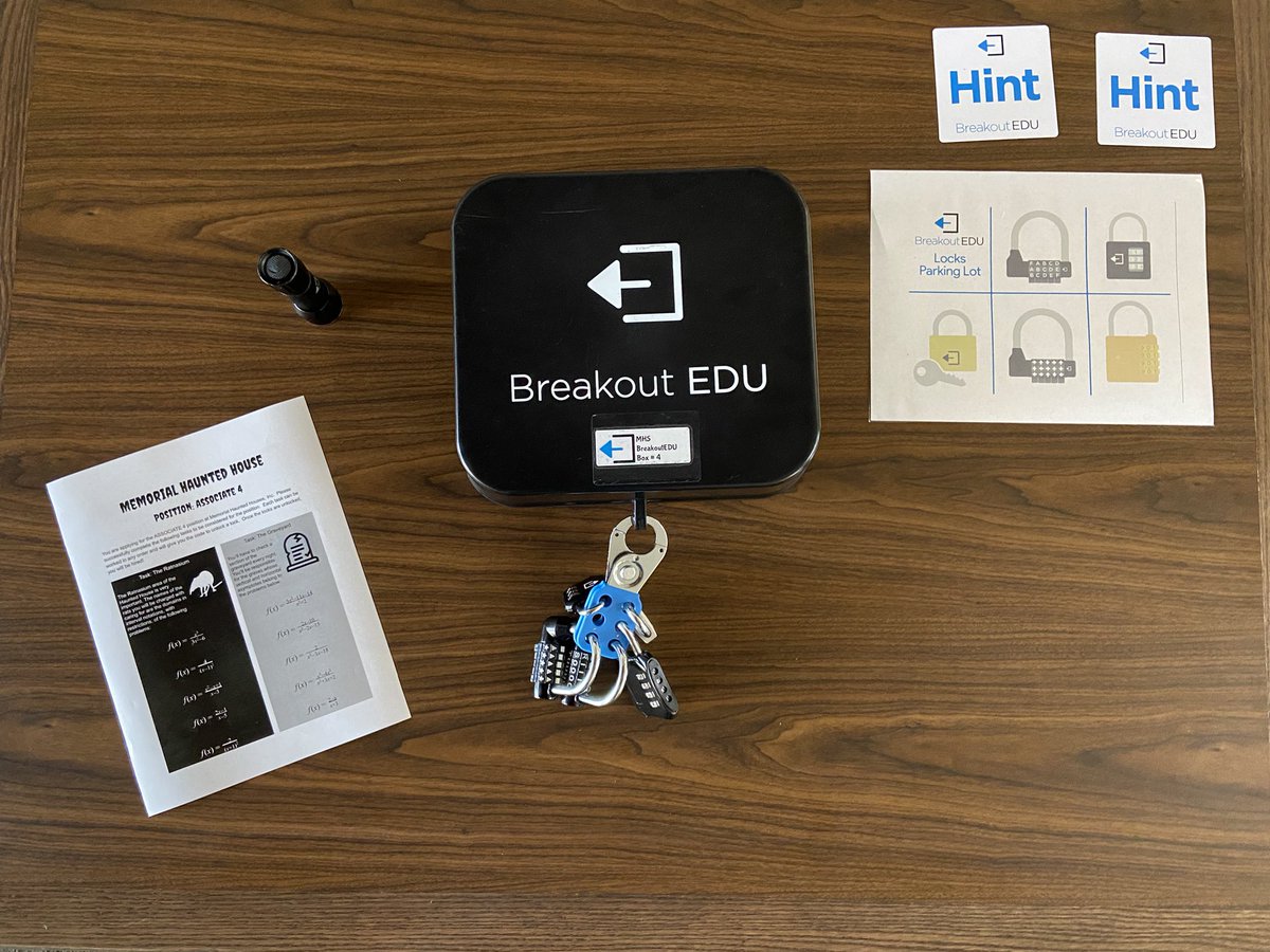 themrmcewin's tweet photo. The Haunted @breakoutEDU review that @LibraryMemorial , @ShanErnstMath , @KernsKurt and I collaborated on this week came out frighteningly well for our @2018Memorial PreCal students! #friscofutureready #mathisscary #studentcenteredlearning #gamification https://t.co/P5RrJ5fqEU