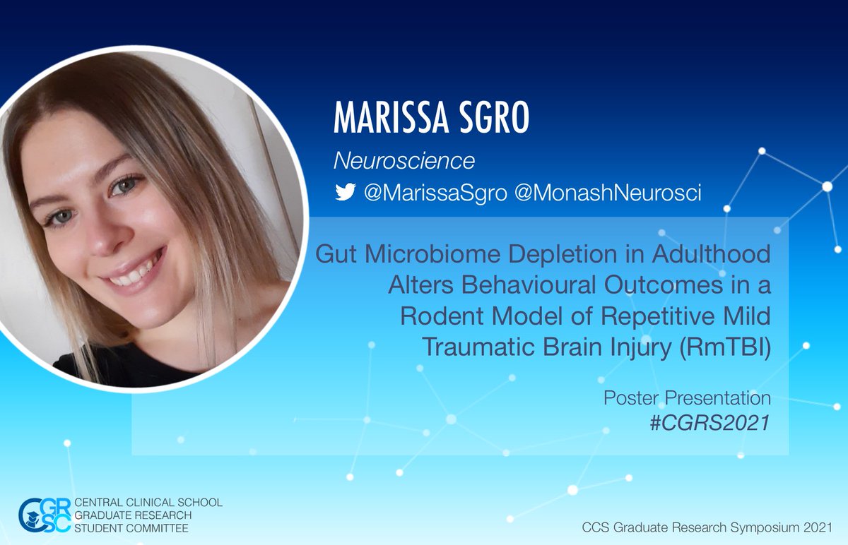 Graduate Research Student Committee (@monashstm_grsc) on Twitter photo A potential link between the gut microbiome and behavioural outcomes in mild TBI? <a href="/MarissaSgro/">Marissa Sgro</a> from @MonashNeurosci will be presenting her poster on this at #CGRS2021 🦠🧠
When: Friday November 26, 11am-5pm
Register: cgrs2021.eventbrite.com.au
@MonashCCS A potential link between the gut microbiome and behavioural outcomes in mild TBI? <a href="/MarissaSgro/">Marissa Sgro</a> from @MonashNeurosci will be presenting her poster on this at #CGRS2021 🦠🧠
When: Friday November 26, 11am-5pm
Register: cgrs2021.eventbrite.com.au
@MonashCCS