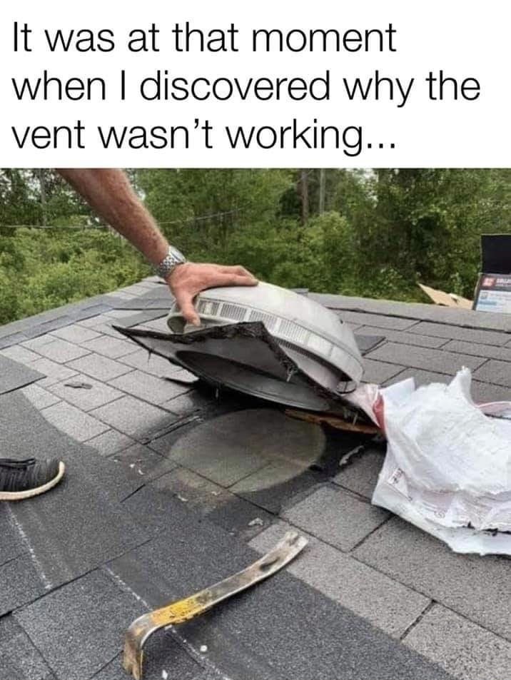 ShowalterRoof's tweet photo. 42 years in business and we've seen just about everything... but we'll admit, purely decorative exhaust fans are a new one! ๐ #Roofingfail #Thatsnothowthisworks https://t.co/Qv32QFi0pD