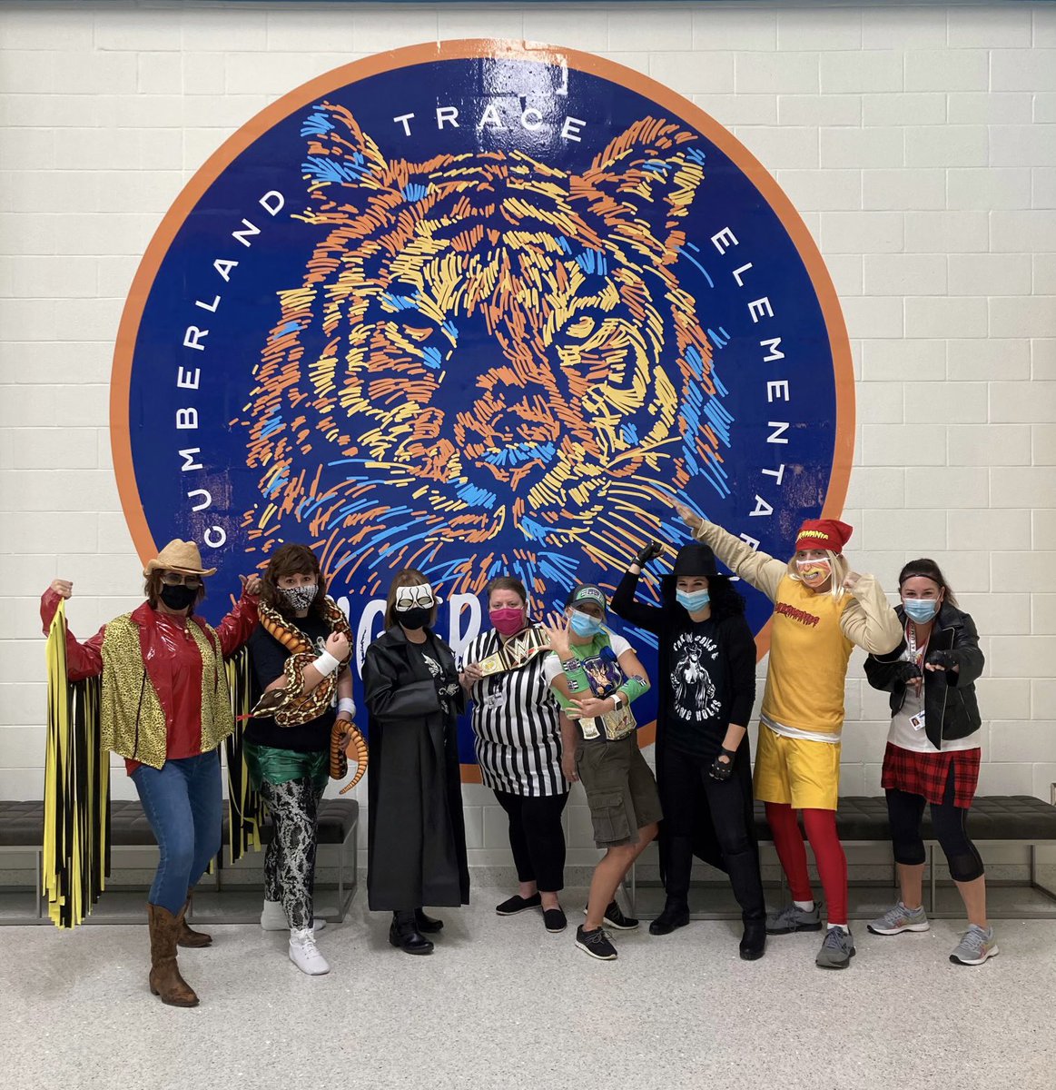 CTE front office staff was “ready to rumble” and celebrate with our kiddos! Let’s goooo! #proudtobeCTE @DrC_CTE <a href="/ctetigers/">Cumberland Trace ES</a>