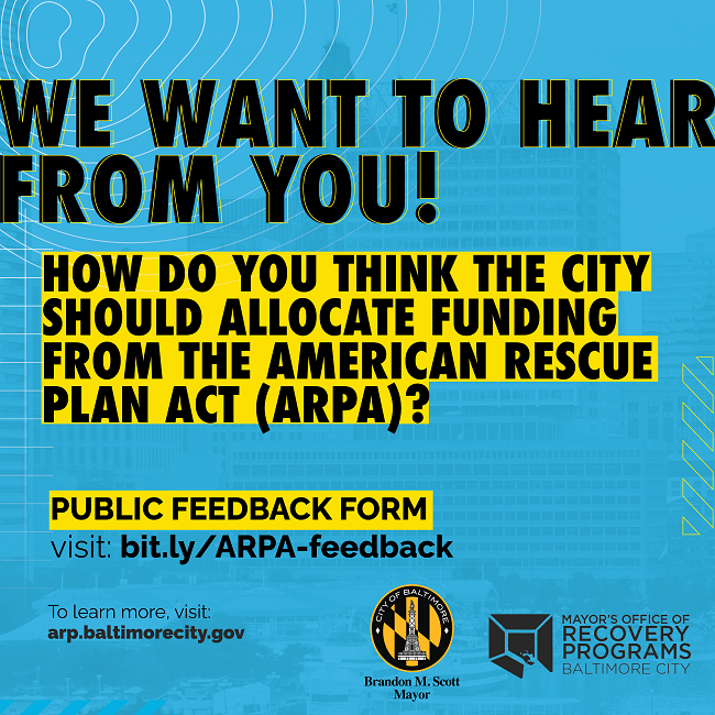 bmoredhcd's tweet photo. Baltimore! Have any thoughts on how the City can allocate funding from the American Rescue Act Plan? Community input is needed! @recoverbmore would love to hear from you! Complete the public-feedback form at https://t.co/z6cApYBsM4. #AffordableHousing #NeighborhoodDevelopment https://t.co/IuWEfh7qnq