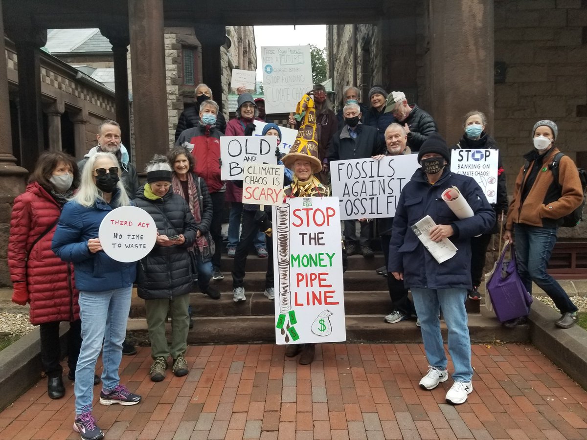 billmckibben's tweet photo. Fossils against fossil fuels! Third Actors in Boston mobilizing to take on @Chase https://t.co/4mn1UZKnjc