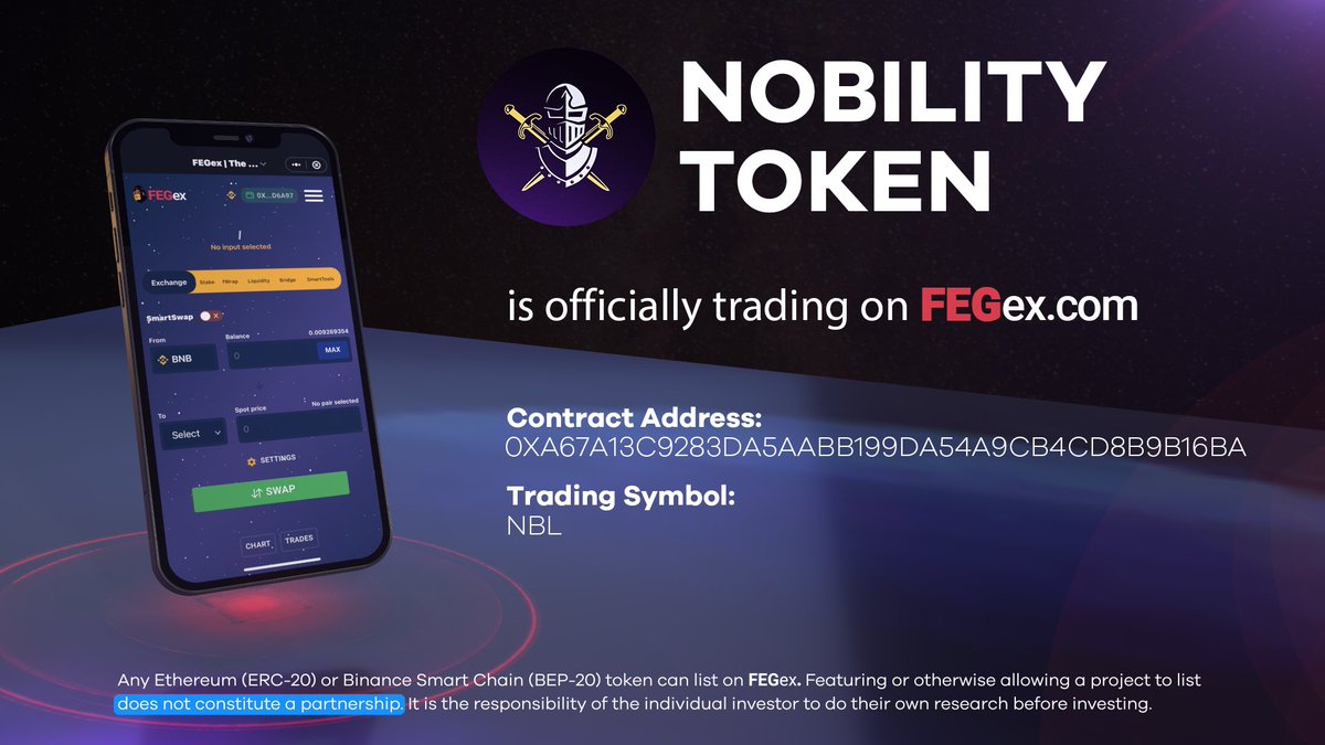 🎉 NEW #FEGex listing! FEG would like to extend a warm welcome to

<a href="/nobilitytoken/">Nobilitytoken</a> | #NBL 
🚨NOW ON FEGex.com!

Thanks for accepting our invite to #ListOnFEGex! 😊

#SmartDeFi #BringingDeFiTogether #DeFi #crypto #BTC #ETH #ADA #BNB  #BSC  #Solana $FEG
