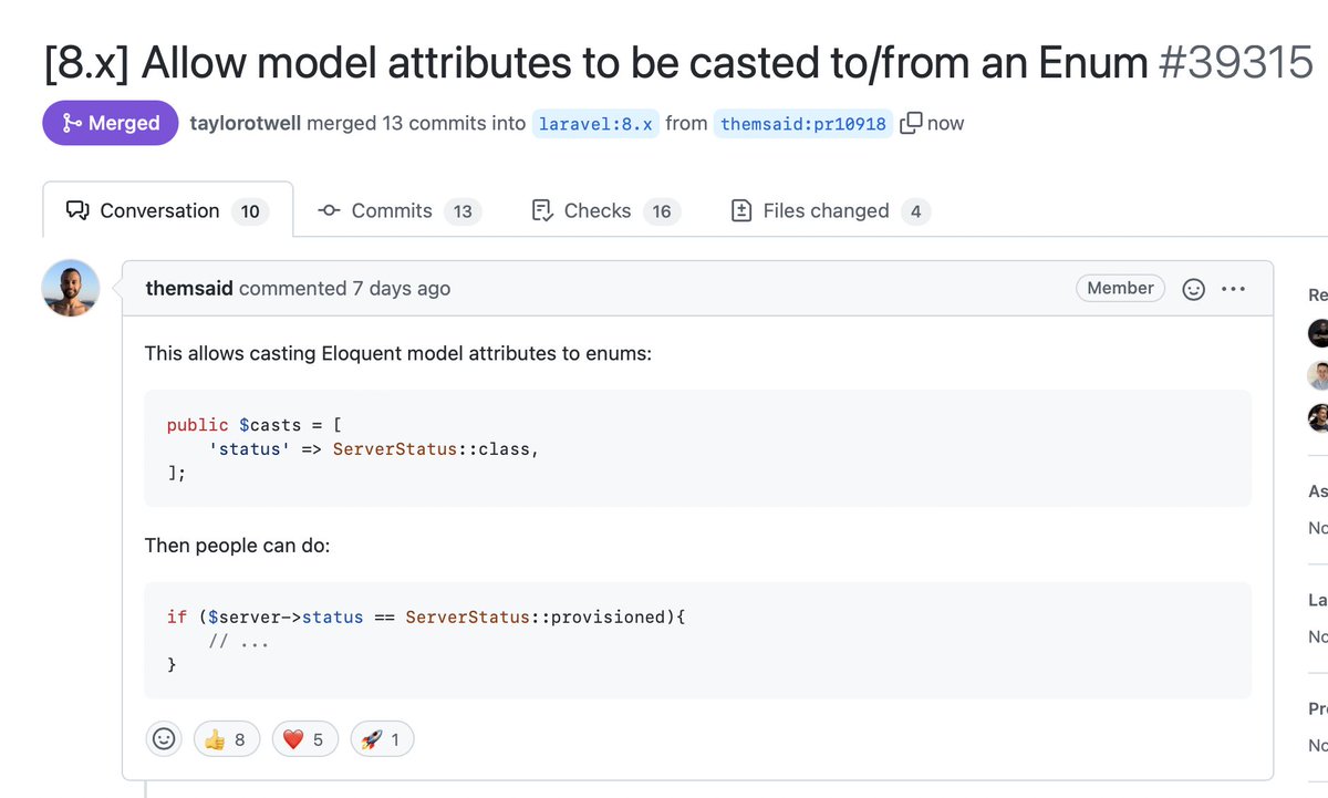 taylorotwell's tweet photo. Enum casting for Eloquent attributes will land in Laravel 8 next week. Thanks to @themsaid! PHP 8.1 only of course since Enums are a PHP 8.1 feature. 💅 https://t.co/XSqzfhWGjQ