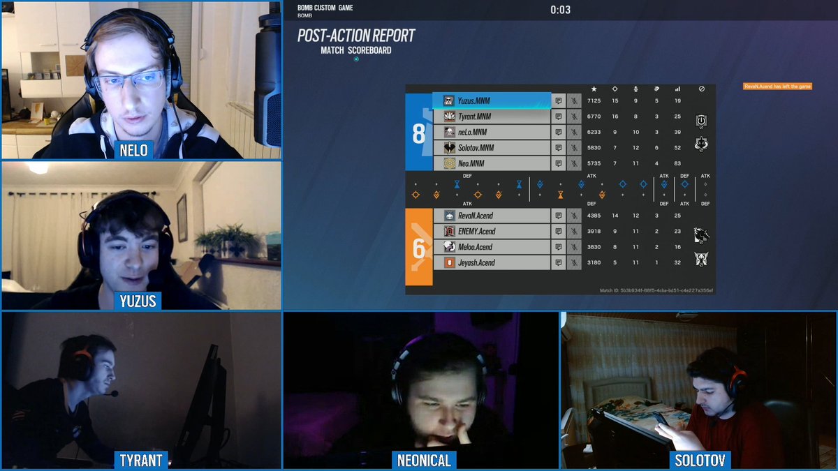 First map won by <a href="/MNMGaming/">MNM Gaming</a> with a score of 8-6!

Next map, Villa in a few minutes.

🔴 twitch.tv/rainbow6