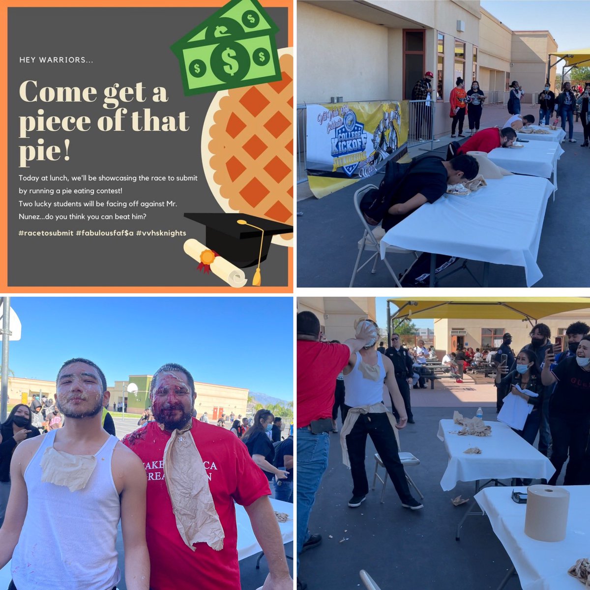 Val_Principal's tweet photo. To end our October College Kickoff festivities, we encouraged all of our students to continue to complete the FAFSA as the first step in getting their piece of the “American Dream” pie.  🥧😋💰#RaceToSubmit #RCEC #FAFSA https://t.co/1qVIsmOgtL