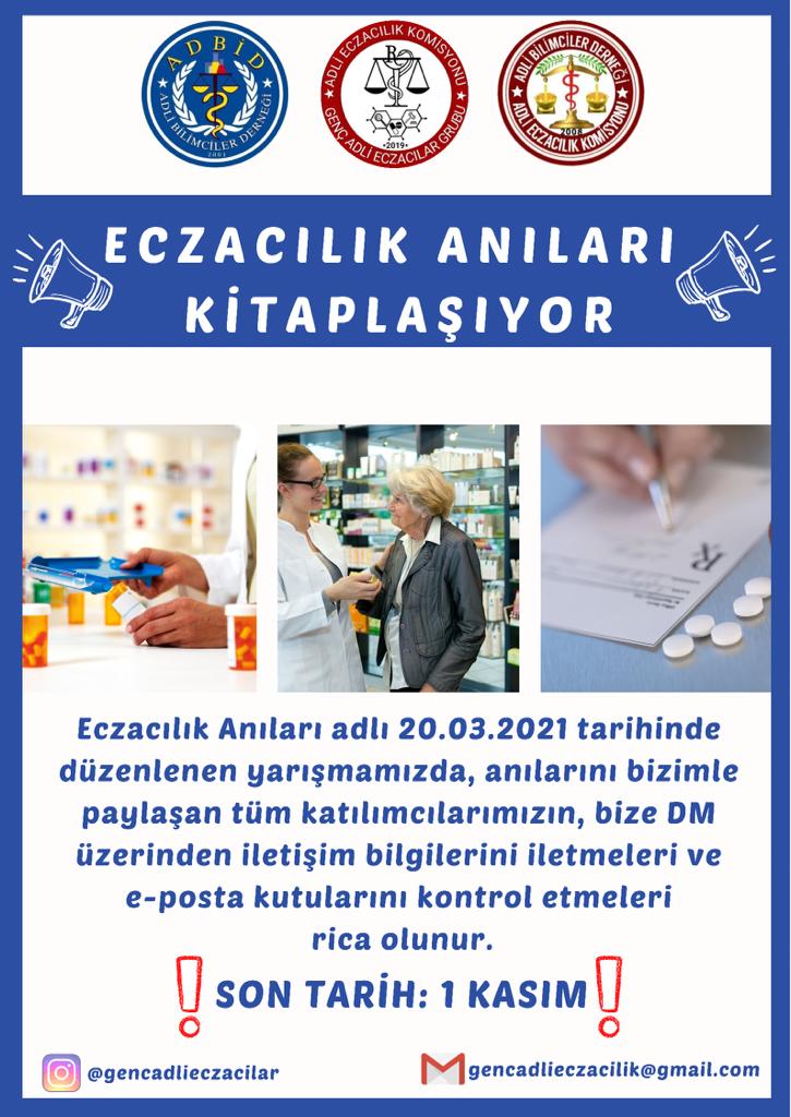 🥳Eczacılık Anıları Kitaplaşıyor! 
🤩Eczacılık Anıları adlı yarışmamızda dereceye giren ve jüri özel ödülü kazanan yarışmacılarımızın mail kutularını kontrol etmelerini rica ediyoruz. 
☑️Daha fazlası için takipte kalın! 
#gençadlieczacılar #eczacılıkanılarıyarışması