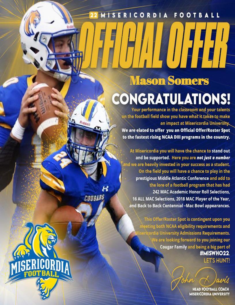 somers2022's tweet photo. I would like to come out and say that I have just received my second official offer. Thank you to all my friends family and coaches for making me strive to better myself!! @BearcatFootbal2 @mrcoach_t @Coach_Cottle @MisericordiaHFC @MUCougarsFB @coachporterWR #miswho22 #beperfect https://t.co/PwsAFiXn7z