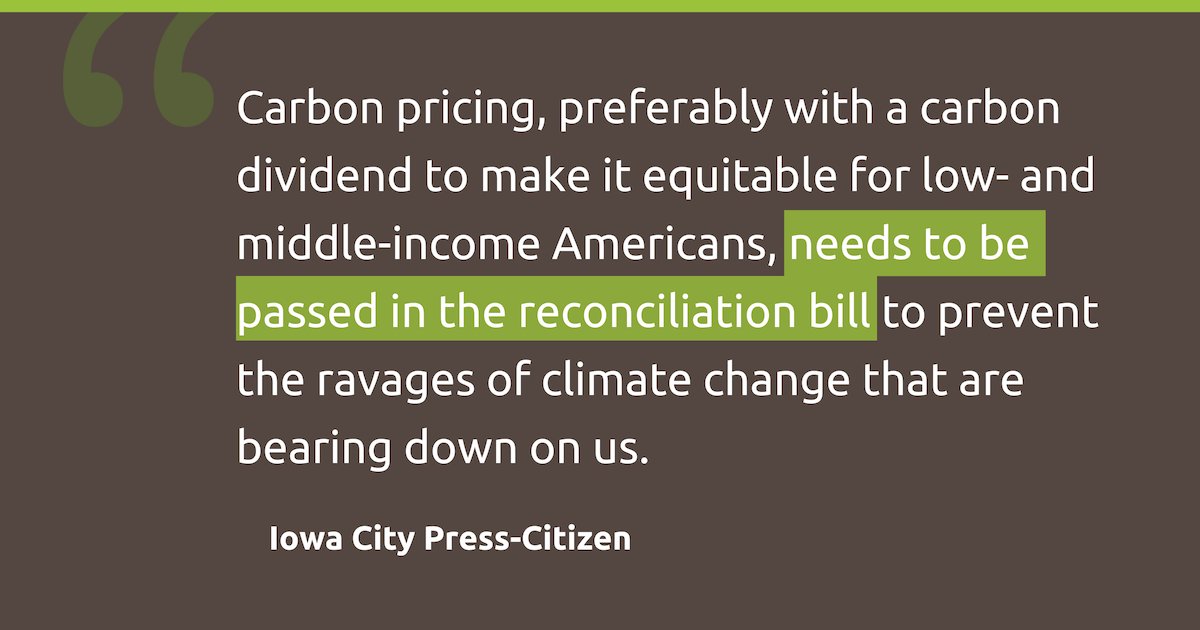 citizensclimate's tweet photo. Iowa City @presscitizen calls for a #PriceOnCarbon to be in the reconciliation bill:

"The U.S. must lead the world with big climate legislation at the Glasgow #COP26 summit next month, with strong climate commitments and action to cut carbon emissions."

https://t.co/3iTinADsS7 https://t.co/sqdMp51dwM