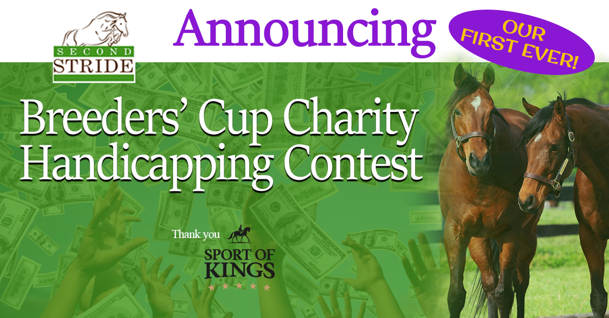 SecondStride's tweet photo. NEW!  You'll be watching @BreedersCup anyway so why not help the horses that make it all possible?  Minimum donation $100 to play! Thanks to @SportofKings20 for partnering.  Info and sign up: https://t.co/5LLCvy2AAQ  Please share! https://t.co/oYGQrumJFa