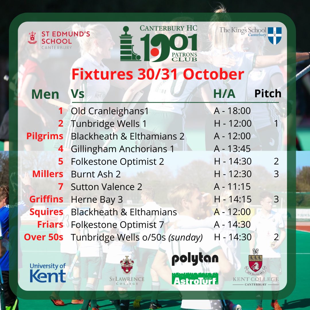 CanterburyHC's tweet photo. Back to a weekend of hockey action …….men’s fixtures https://t.co/bAemq6fdky