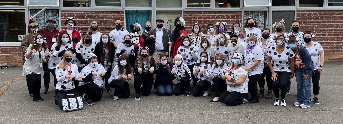 MrsMcCabeBAIMS's tweet photo. Today we were not tigers…we were Dalmatians! We had a couple of Cruellas, a dog catcher, Cruella’s henchmen Jasper and Horace, and almost 101 Dalmatians. (Check out the newest little dalmation, Mrs, Fontaine’s new baby, Jaxon) #NEMStigers #101NEMSdalmatians @BristolCTSchool https://t.co/IuEJPj56A9