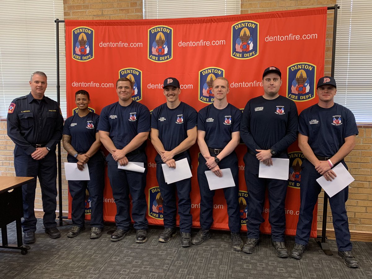 DentonFireDept's tweet photo. Swearing in today of our newest rookies, L to R:
Morgan Stewart, Corbin Evans, Brandon Free, Chris Hahn, Tyler Rowlette, and Sam Meeks. Welcome! https://t.co/WAe0LTlyS8