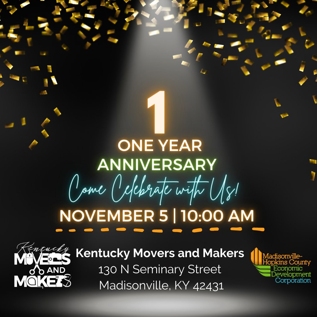 GroWestKY's tweet photo. Kentucky Movers and Makers is turning ONE! Join us on Friday, November 5th at 10:00 AM for an Anniversary Party.

We'll be giving tours, having refreshments and you'll have the opportunity to shop handmade items from our Maker's Market! Mark your calendar and join in on the fun! https://t.co/AUMRrPbUEe