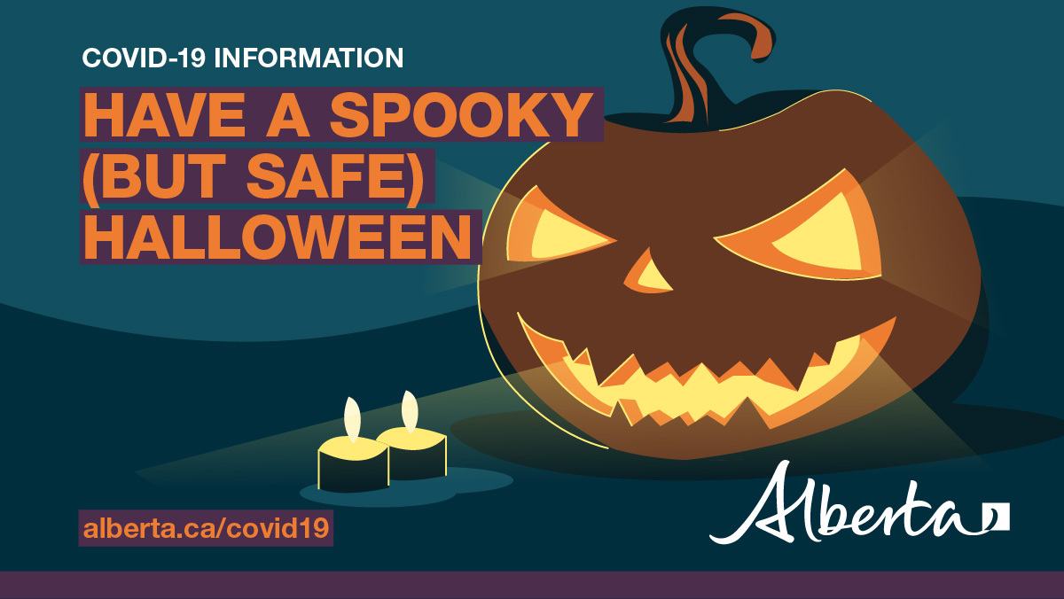 YourAlberta's tweet photo. Spread scary vibes and not #COVID19AB this #Halloween: 
👻 Don’t trick-or-treat, hand out treats or go to a party if sick, even if symptoms are minor
🎃 Choose costumes that allow for a mask
🦇 Hand out candy in a physically distanced way
https://t.co/7SjdTZ5Kg4 https://t.co/xyfYJONkLv