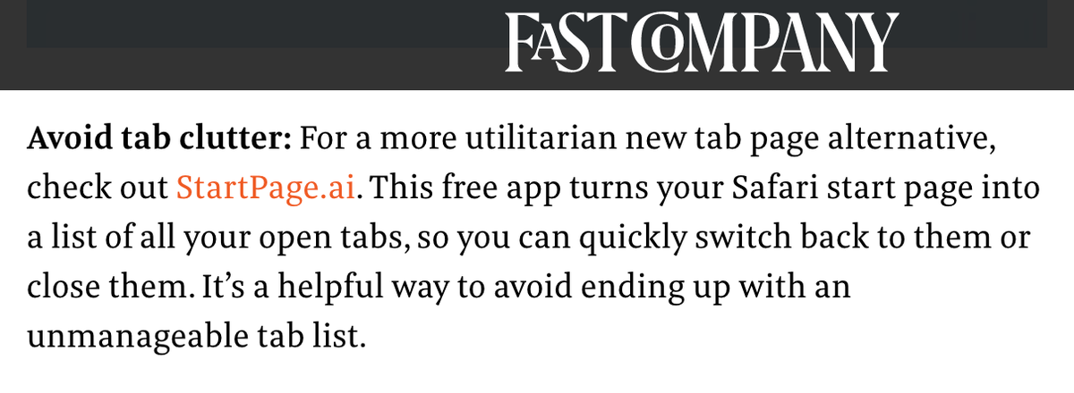 StartPageAI's tweet image. Excited that StartPage.ai is one of @FastCompany&apos;s top Safari extensions that will change how you use your iPhone! buff.ly/3GxQMV9 Give us a spin and let us know what you think.