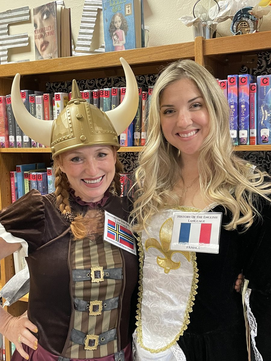 lisettalayer's tweet photo. @LakeHighlandsJH content area costume - @khopegould and I dressed as The History of the English Language.  I am Scandinavia she is France - we just need a few more contributors... neither of us wanted to wear a toga and be Greek and Latin 😂 https://t.co/4dlNzD2Nsh