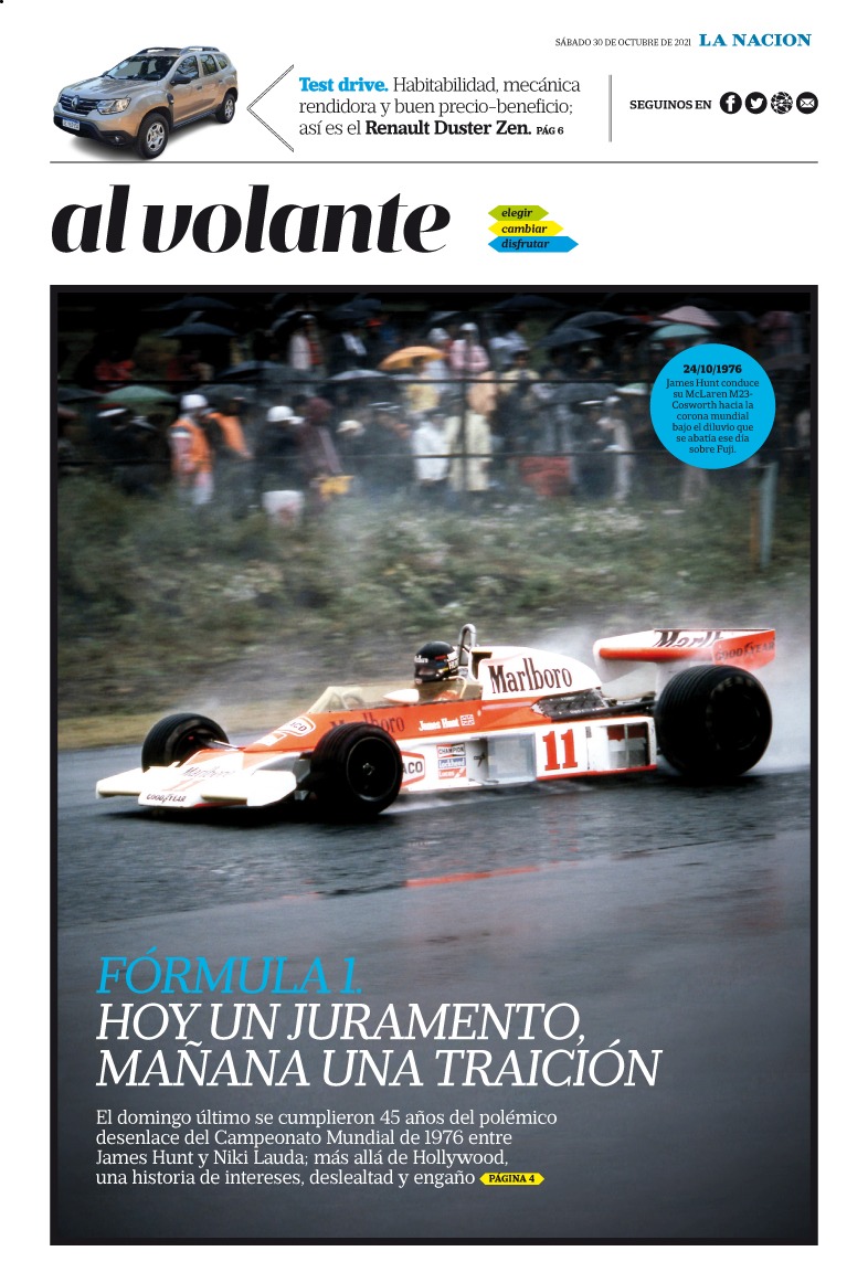 LNautos's tweet photo. Hace 45 años, #JamesHunt y #NikiLauda definieron un Mundial de #F1 bajo un diluvio: la leyenda dice que Lauda se acobardó; la realidad apunta a un pacto traicionado. Mañana en @LNautos de @LANACION @GabrielTomich cuenta la histora oculta de la trama. Ya en https://t.co/QpCcRhbxV1 https://t.co/Dg9u8h1ujm
