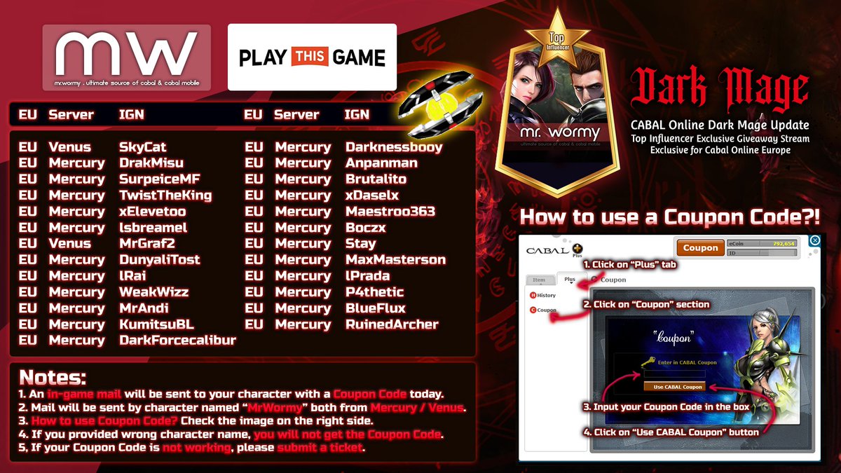 Mr_Wormy's tweet photo. Congratulations to 25 luckiest players from @CABALOfficialEU for winning the Blessing Bead - Superior (30d). Prize will be distributed later today.
Thanks #PlayThisGame / #ESTSoftInc for sponsoring the #GiveawayStream.
#MrWormy #Cabal #CabalOnline #CabalEU #WormyCabal https://t.co/PfuR3CdGxc