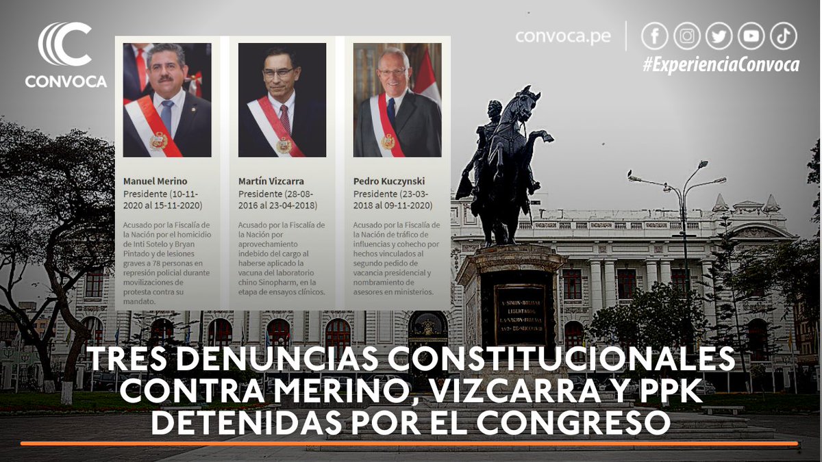 ConvocaPe's tweet photo. #NUEVO🔎 TRES DENUNCIAS CONSTITUCIONALES CONTRA MERINO, VIZCARRA Y PPK DETENIDAS POR EL CONGRESO ▶ De las 27 acusaciones formuladas, la Fiscal de la Nación también incluyó a exministros como Antero Flores-Aráoz y Gastón Rodríguez por el caso Inti y Bryan. https://t.co/48yudbXlMz https://t.co/FG58lT54mp