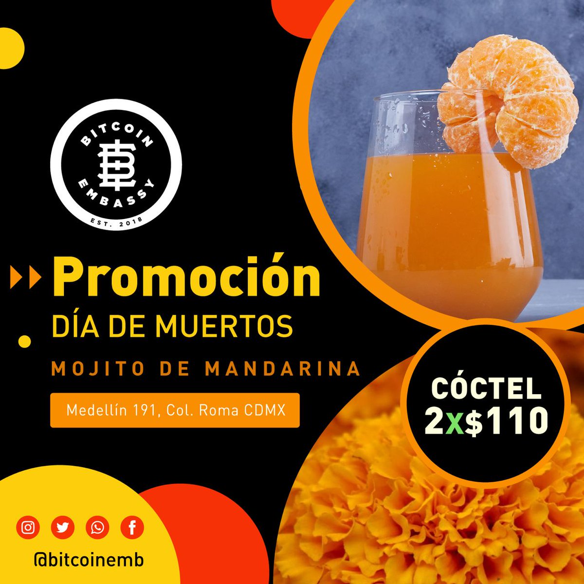 bitcoinemb's tweet photo. Continuamos con los fines de semana de promoción. Este fin y honrando los colores conmemorativos del día de muertos. Mojito color cempasúchil de mandarina. No se olviden de la inauguración de la expo de NFT's el día de hoy.
#BitcoinEmbassy #Promocion #Coctail #Mojito #Expo #NFT https://t.co/nyDnhp9pAZ