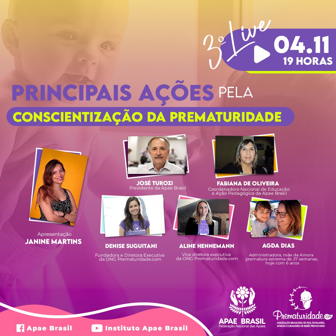 Prematuridade é assunto da vez! Nosso encontro é na quinta-feira (04/11), às 19h, no Facebook e no YouTube da Apae Brasil. As ações pela conscientização da Prematuridade serão o tema da conversa, que conta com representantes da ONG <a href="/_prematuridade/">ONG Prematuridade.com</a> .