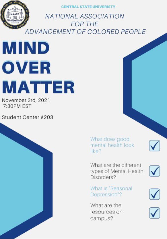 NaacpCsu's tweet photo. With life being so busy trying to balance classes, student organizations, social life, and family matters, we often forget about our mental health. The NAACP encourages you to prioritize your mental health. Join us in the Student Center for our Mind Over Matter Event‼️ https://t.co/4jwbbmrrYl