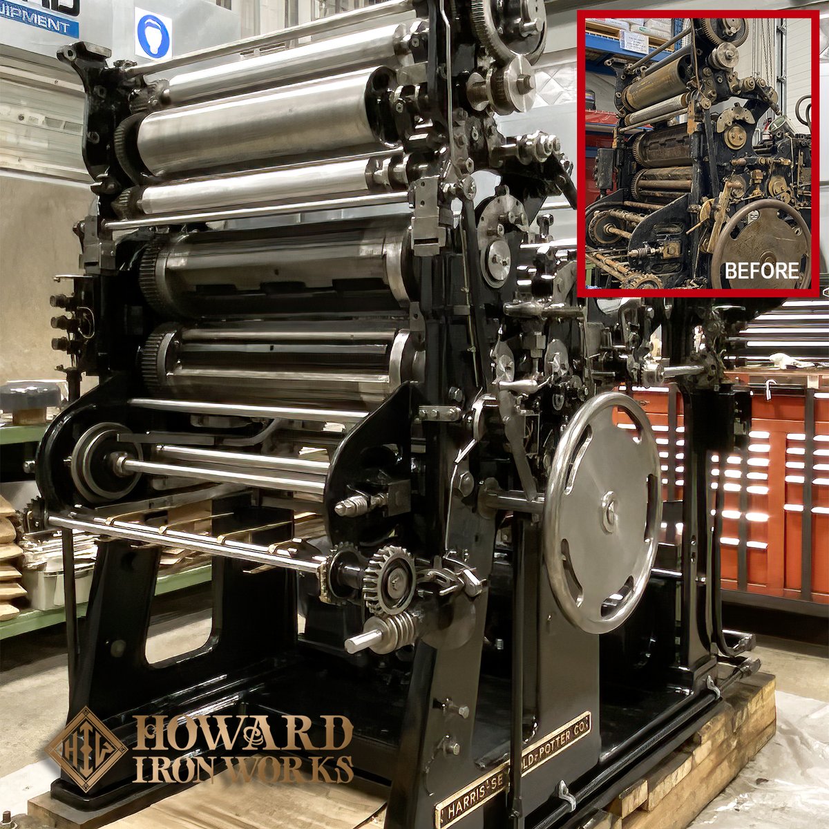 HowardIronWorks's tweet photo. TGIF update – slowly but surely, the work on the Harris LSB is continuing.
#printingmuseum #printinghistory #museumrestoration #offsetpress #HarrisOffset #TGIF #wobblegear https://t.co/fSZXQwixsl