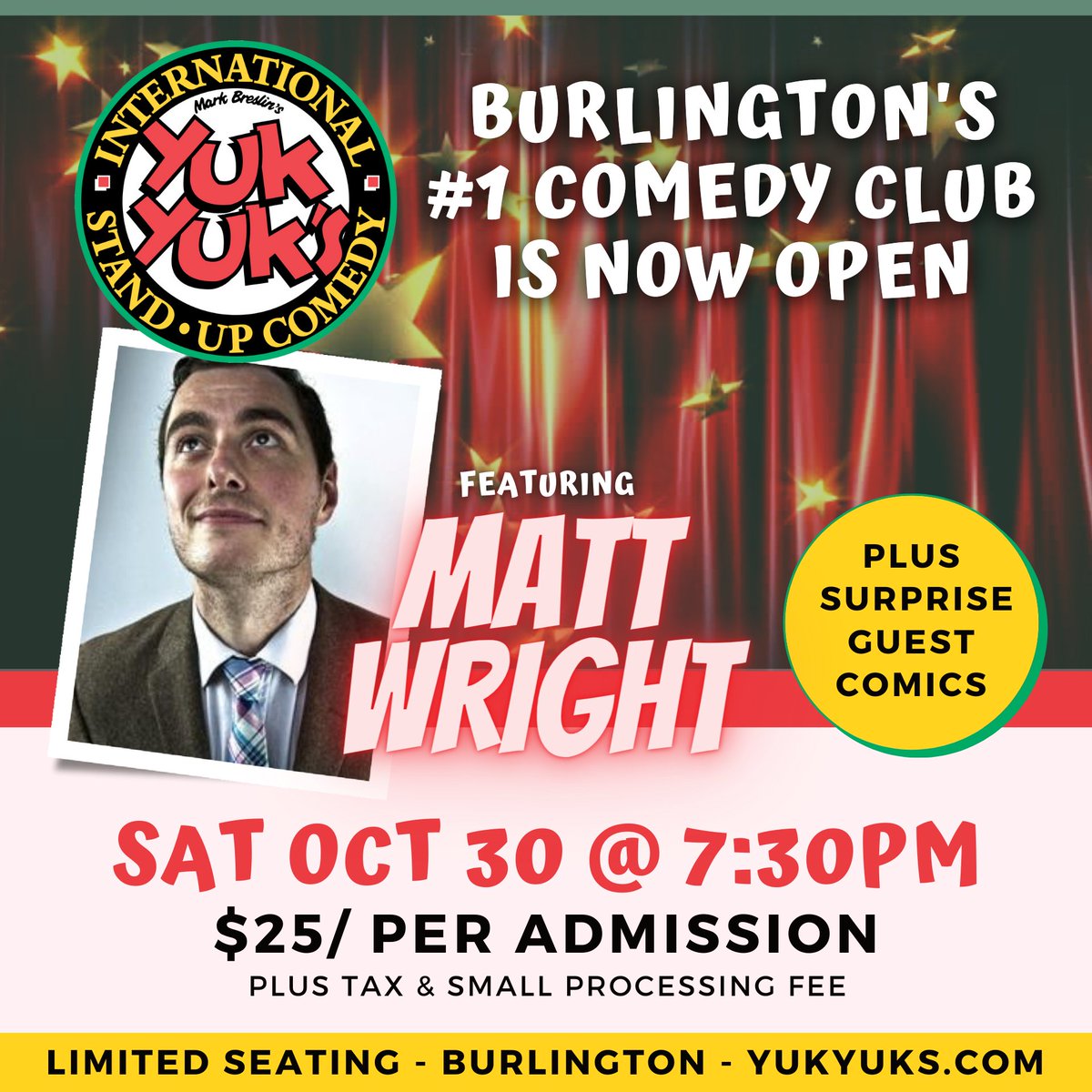 YuksBurlington's tweet photo. Award-winning Stand-up Comedian, Matt Wright has sold-out performances across Canada &amp; will be headlining the Burlington stage THIS SATURDAY. Shows sell out each weekend. Buy tickets today: https://t.co/yutRv0EyqW.

#Burlington #Hamilton #YukYuks https://t.co/rVqDLlPIHc
