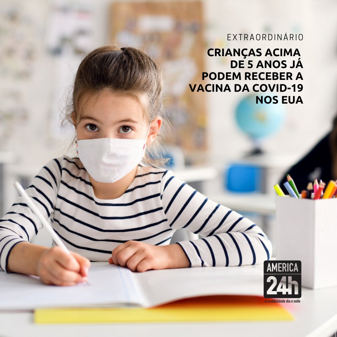 Canal24h's tweet photo. WASHINGTON, DC - Foi autorizada hoje (29) a vacina coronavírus da Pfizer-BioNTech para uso emergencial em crianças de 5 a 11 anos.

Cerca de 28 milhões de crianças do grupo serão elegíveis para receber um terço da dose adulta, com duas injeções com três semanas de intervalo. https://t.co/CZTxH2yKcI
