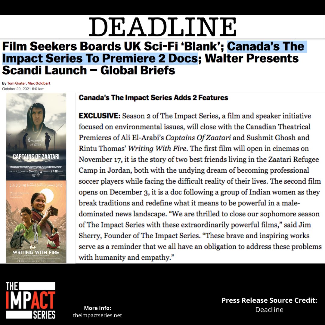 iACTseries's tweet photo. Winter Films coming in hot!
Catch #CaptainsOfZaatari and #WritingWithFire in select theatres this winter and more #DrivingChange Podcasts with @davidpecklive!
Thanks to @Route504PR and @DEADLINE for the release.
@CaptainsZaatari @RintuThomas11 #TheImpactSeries #IAct #IChange https://t.co/tYXrmK3jIK