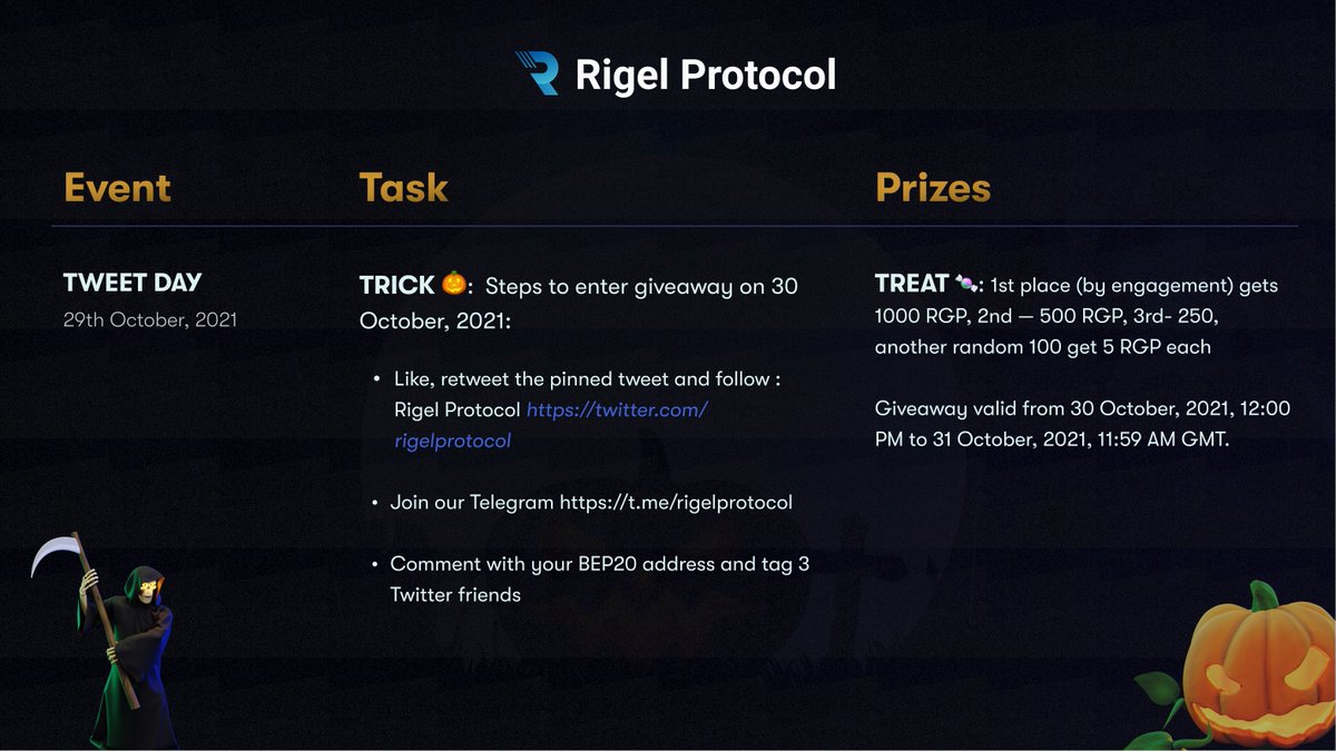 rigelprotocol's tweet photo. 3 days and countless IRRESISTIBLE offers this #Halloween 💰🎃

EPIC #giveaway &amp; #cashback deals start today!⏰
Click here👉https://t.co/11pm55xwdQ

#RigelProtocol #GiftDApp #BSC #Airdrops #cryptocurrency #Binance #halloween2021 #ETH $ETH $RGP #RGP https://t.co/sWmL2eZdm5