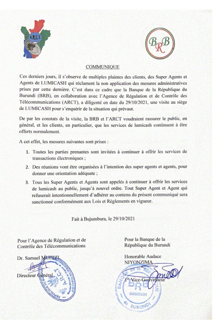 BankiNkuru's tweet photo. Un communiqué de la BRB et @arctbdi à propos des transferts de #Lumicash. https://t.co/E51rj7BHZD