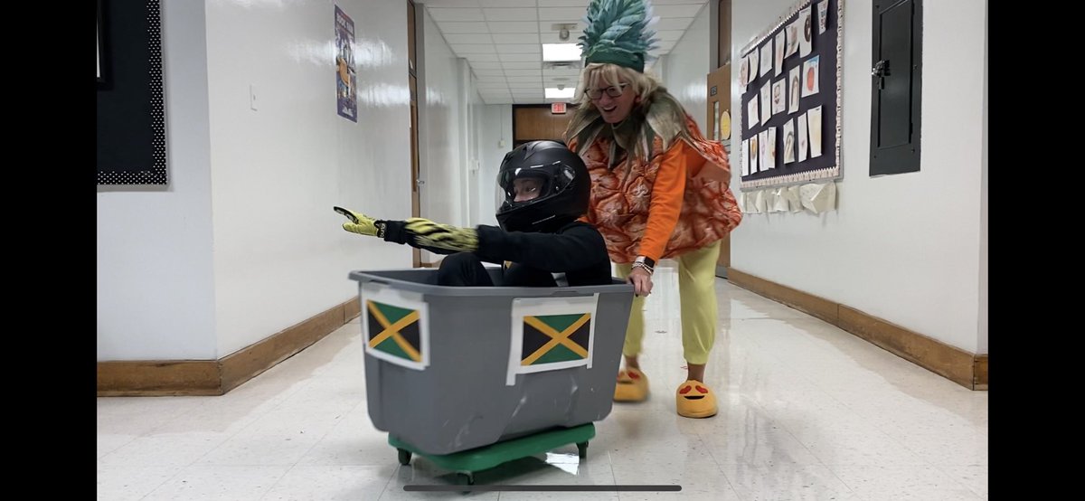 portlandjcps's tweet image. @KiserPES is the bobsled champion at Portland! Her pineapple teammate, Mrs. Bennett, took her for a run this morning before school started. #funnycostumes #portlandgrows #portlandfun