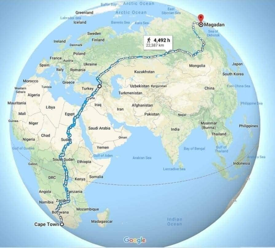 MAstronomers's tweet image. The longest road in the world to walk, is from Cape Town (South Africa) to Magadan (Russia).
No need for planes or boats, there are bridges.
It&apos;s 22.387 miles and it takes 4.492 hours to travel.
It would be 187 days walking nonstop, or 561 days walking 8 hours a day.
