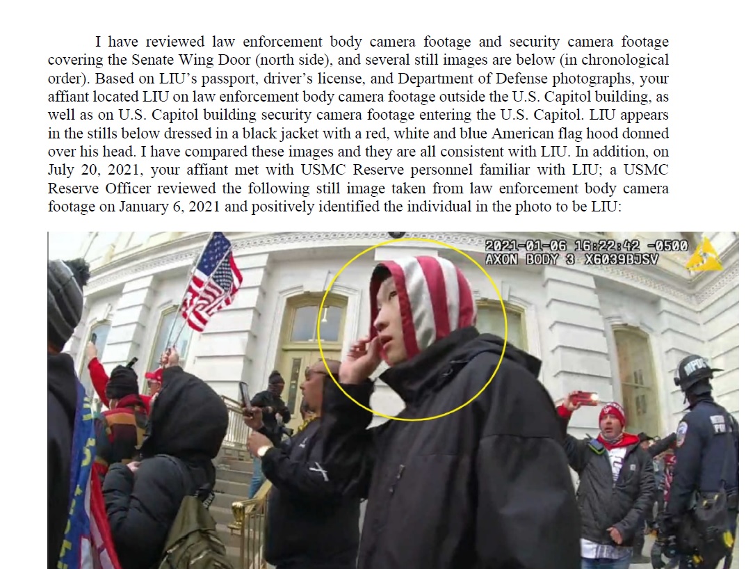 MacFarlaneNews's tweet photo. FBI has arrested Jia Liu of New York in US Capitol breach case.  Feds allege he climbed thru broken window on Jan 6 while wearing US flag hood

Court docs say Liu is assigned to the 6th Communication Battalion, US Marine Forces Reserve. https://t.co/jgbPdgFQeb