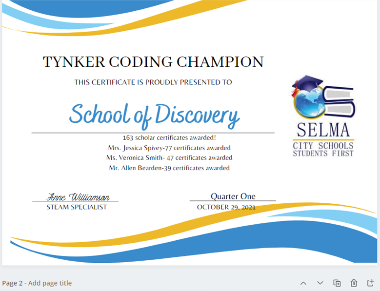 STEAMselma's tweet photo. Woohoo!  Congratulations to the School of Discovery Eagles for being the Qtr. 1 Coding Champs!  163 certificates awarded! @SchoolDiscovery https://t.co/gIpVvLD9G4